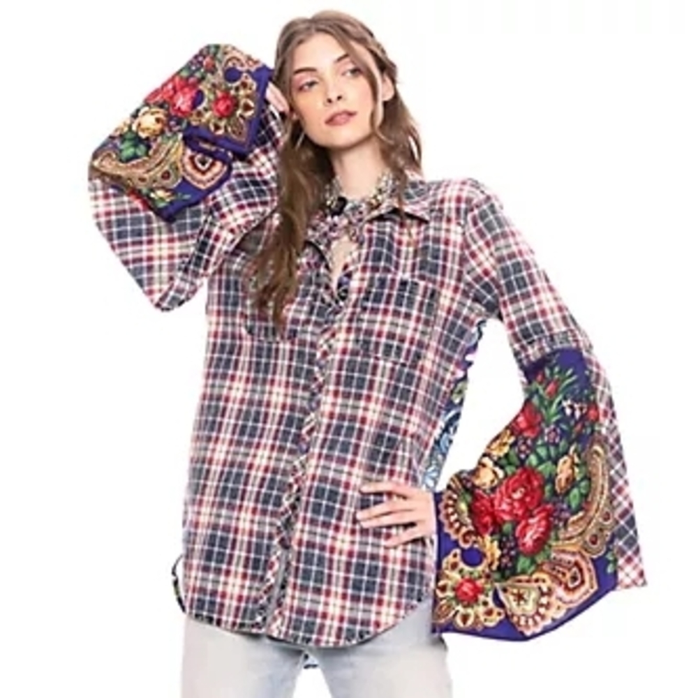 Aratta Multicolor Plaid Blouse with Floral Sleeves
